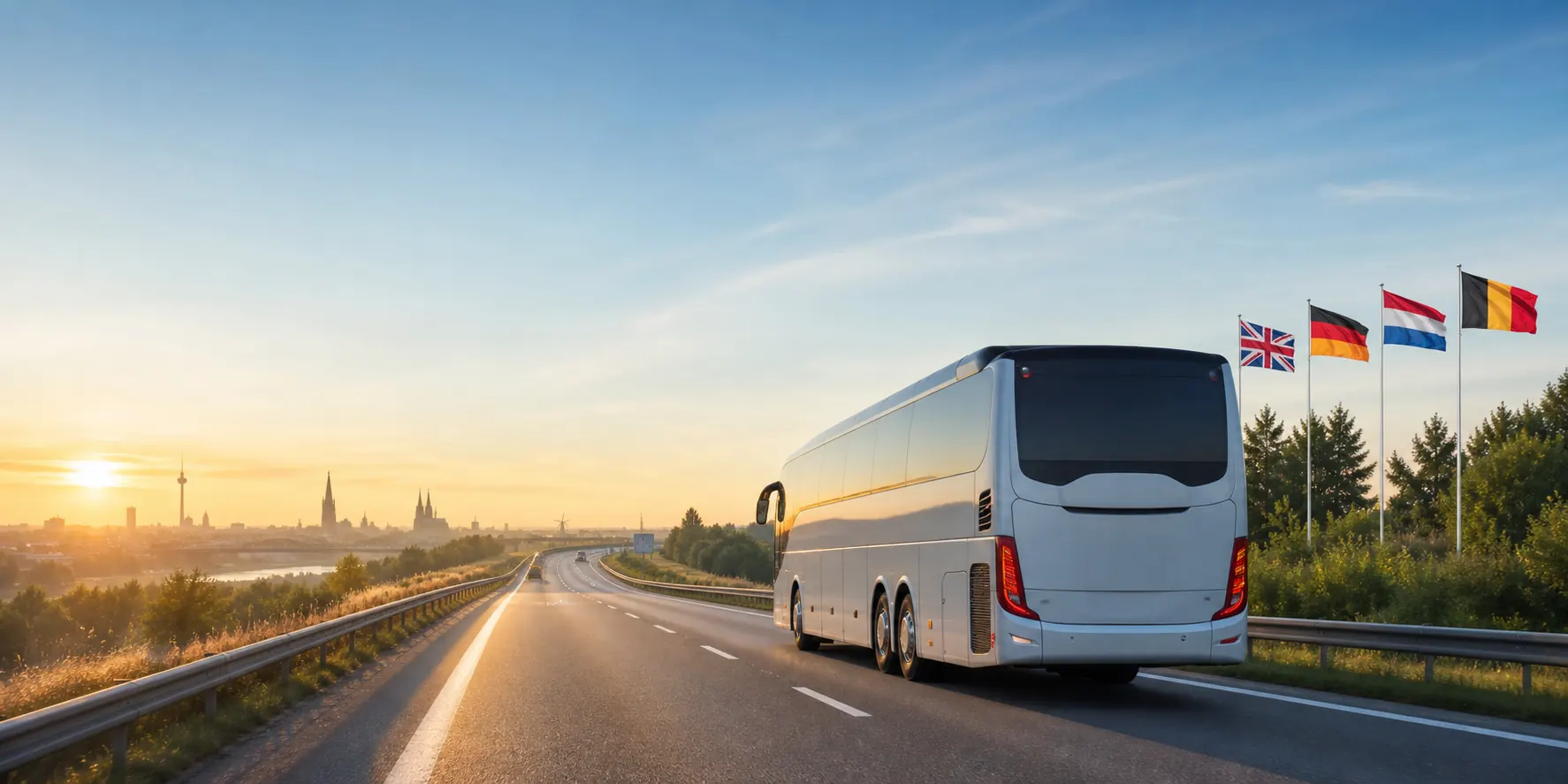 Bus na europejskiej trasie o wschodzie słońca